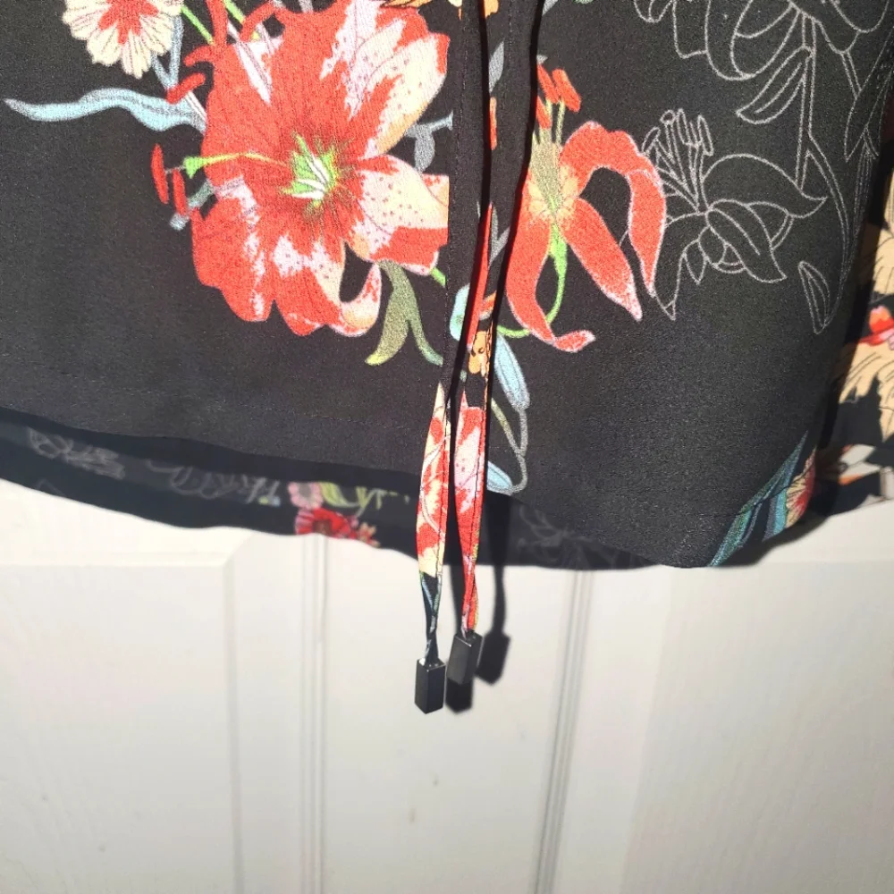 : fleur bleve black floral design button front Drawstring tunic dress top sz 8 - Picture 3 of 16